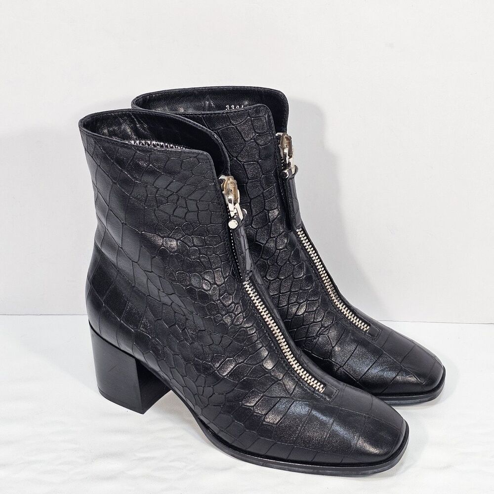 Aquatalia Black Croc Embossed Leather Ankle Boots Zip Square Toe Block Heel 8